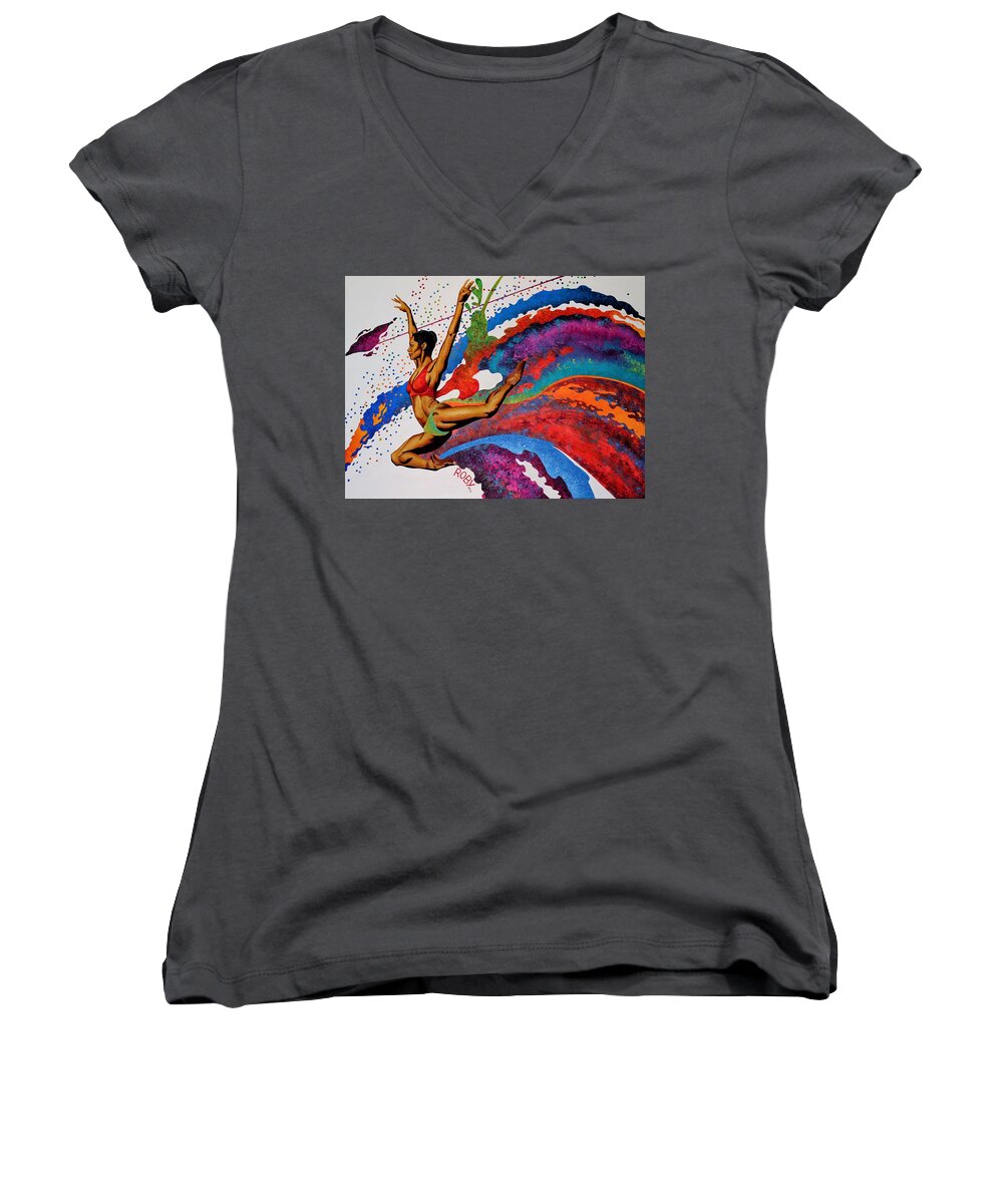 Colorful Ballerina In Motion Women's V-Neck featuring the painting When Misty Moves by William Roby