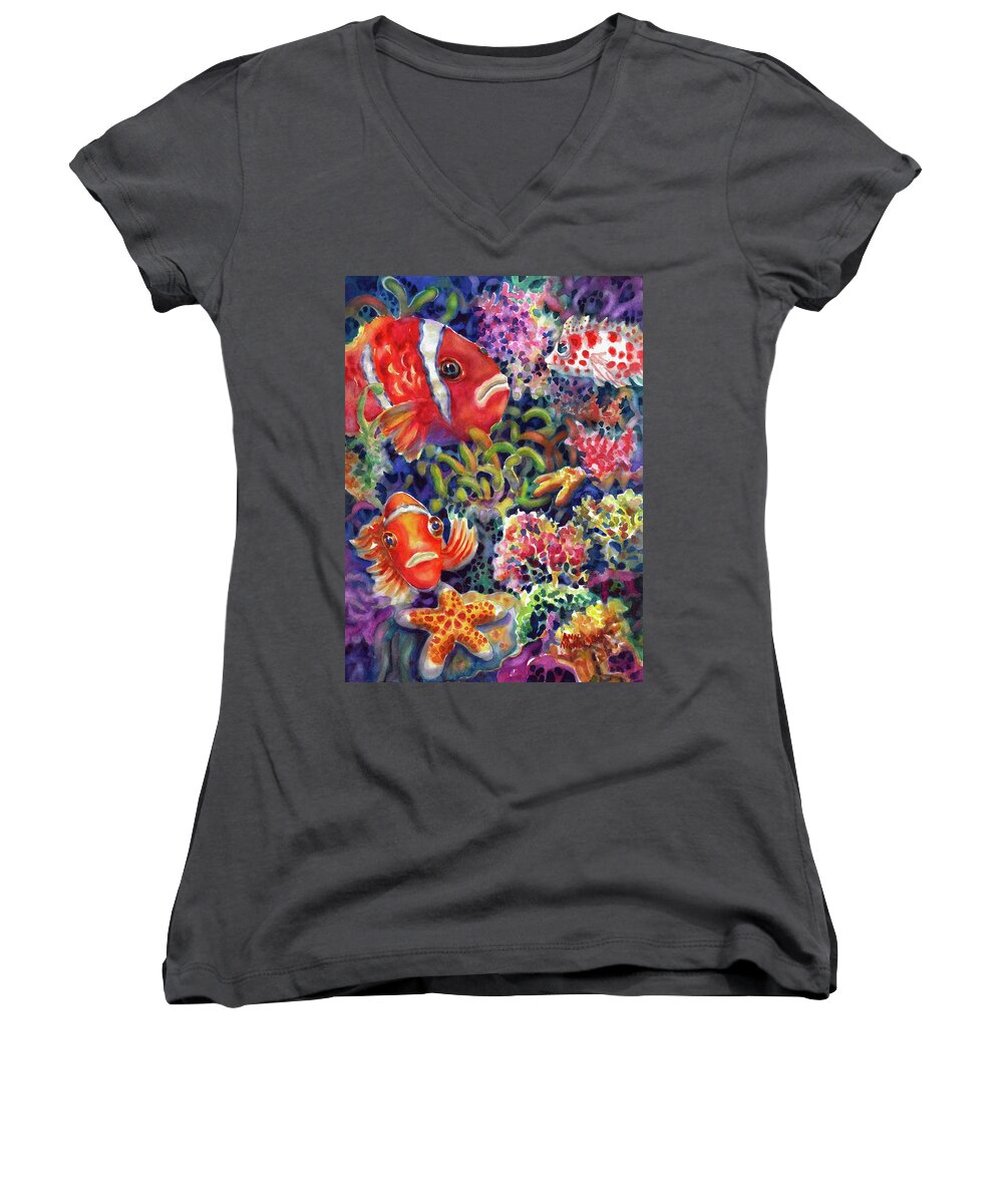 Watercolor Women's V-Neck featuring the painting Where's Nemo by Ann Nicholson