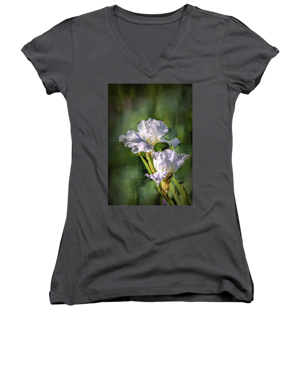 White Women's V-Neck featuring the photograph White iris on abstract background #g4 by Leif Sohlman