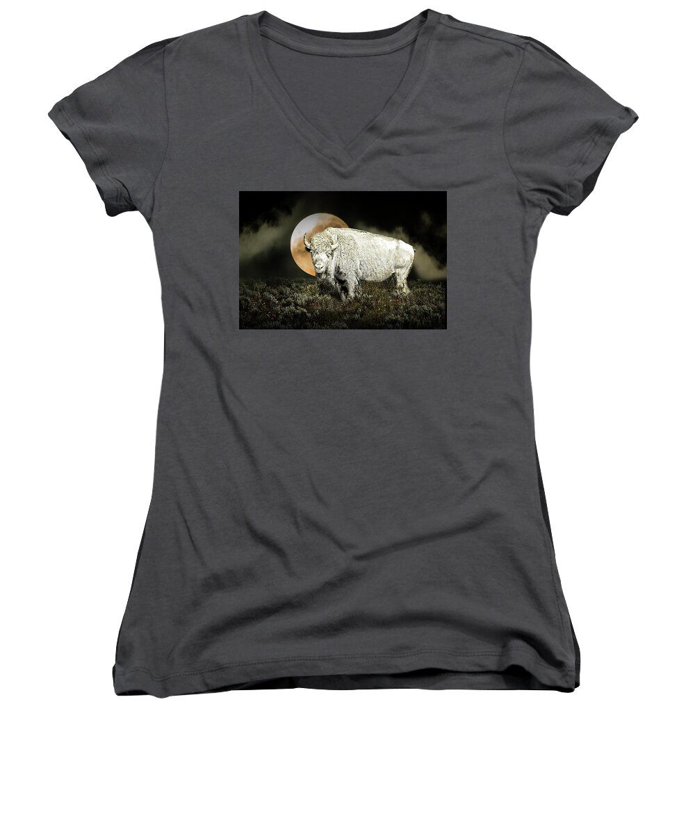 White Buffalo Women's V-Neck featuring the photograph White Spirit Buffalo and Moon by Randall Nyhof