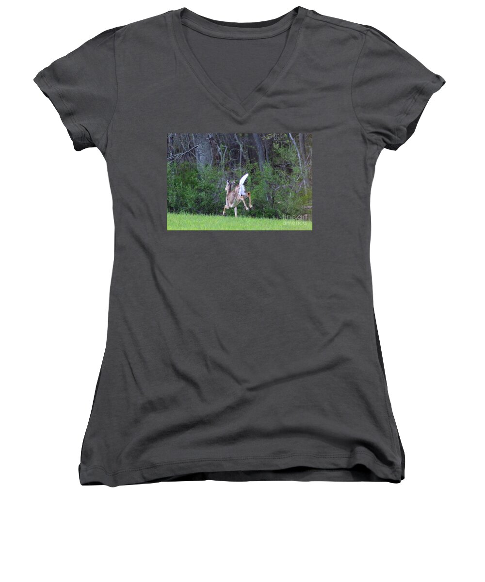 Deer Women's V-Neck featuring the photograph White-Tailed Deer Spring Sprint by Neal Eslinger