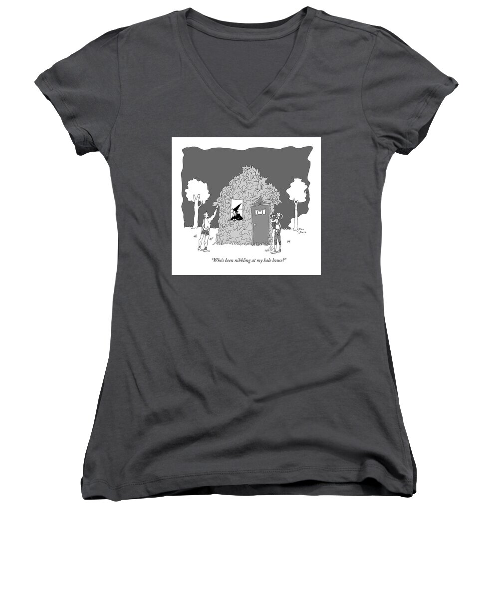 who's Been Nibbling At My Kale House? Women's V-Neck featuring the drawing Who's been nibbling at my kale house? by Liana Finck