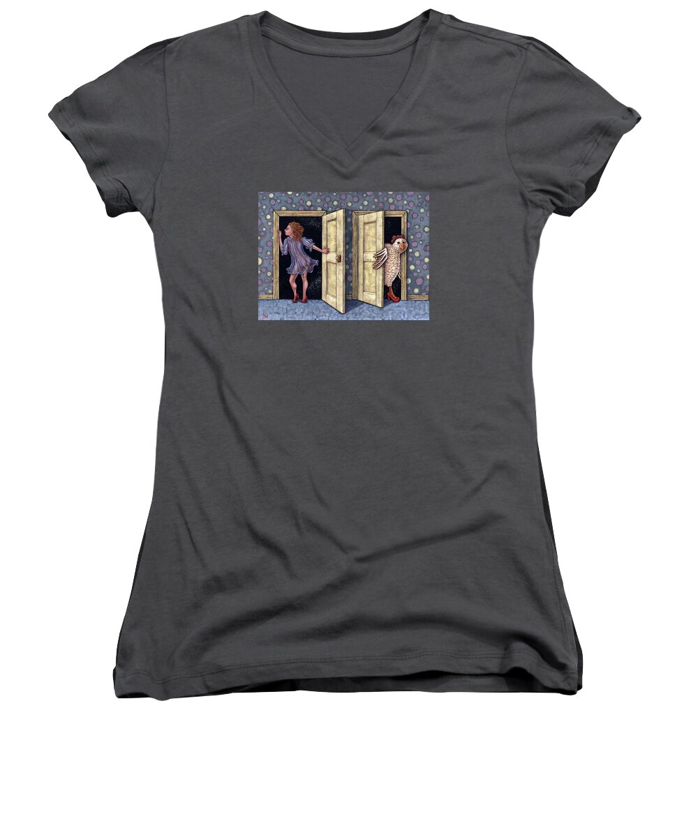 Humor Women's V-Neck featuring the painting Who's There by Holly Wood