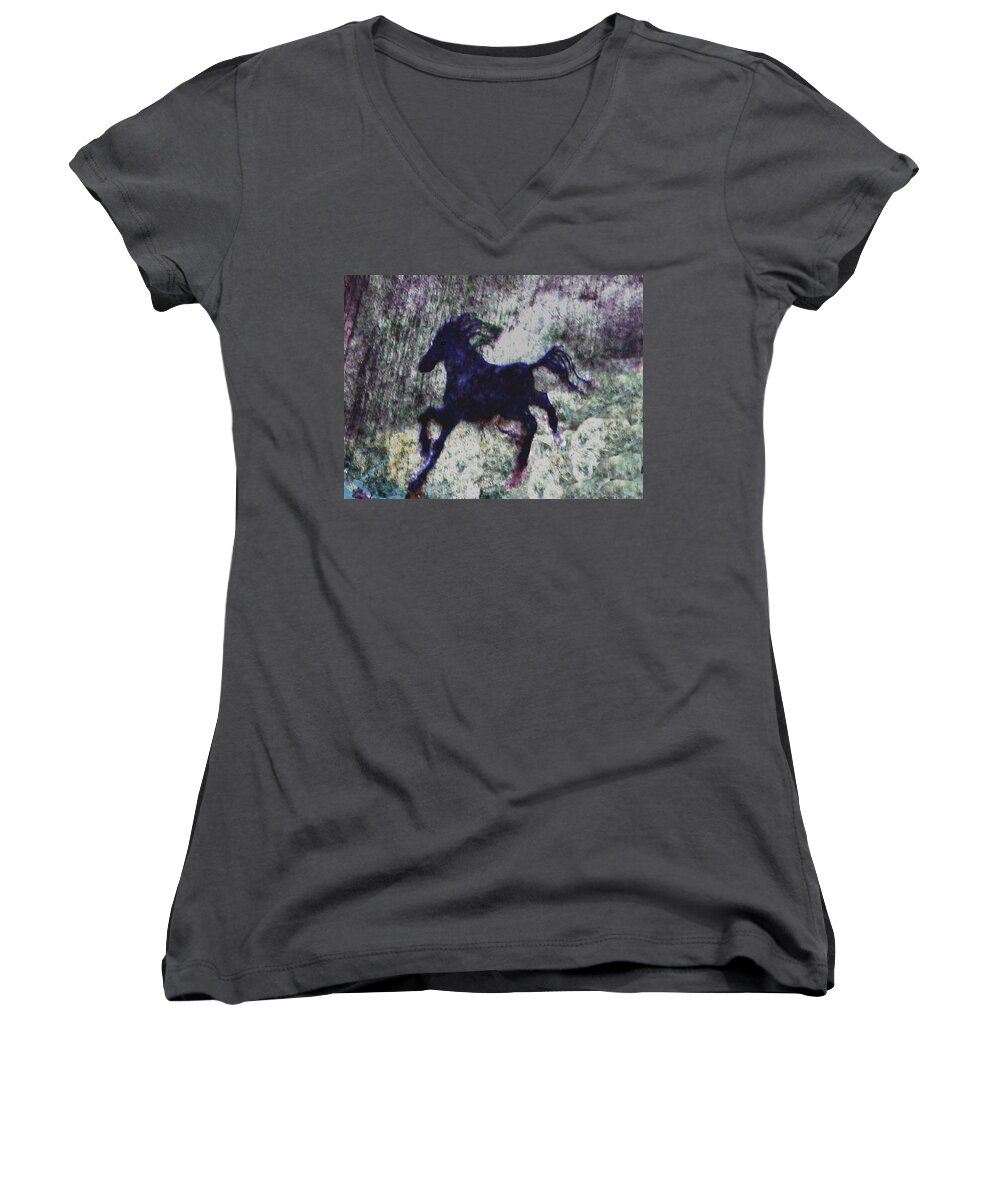 Horse Women's V-Neck featuring the painting Wild Horse Rainy Night by Cliff Wilson
