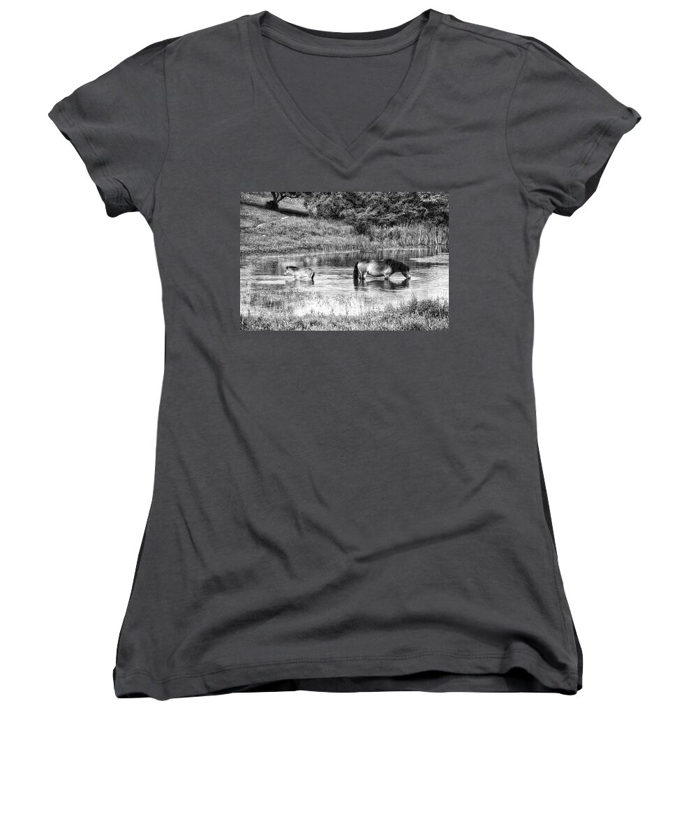 Nature Women's V-Neck featuring the photograph Wild Horses BW2 by Ingrid Dendievel