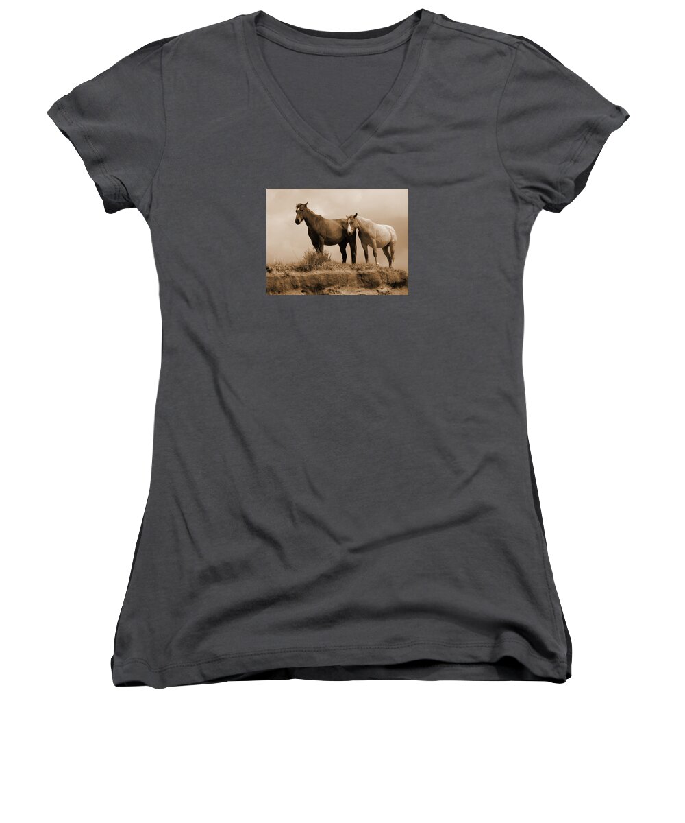 Horses Women's V-Neck featuring the photograph Wild Horses in Western Dakota by Cris Fulton