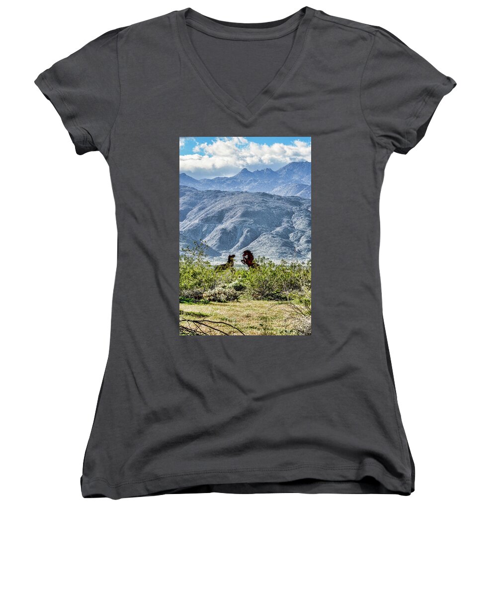 Metal Animal Statues Women's V-Neck featuring the photograph Wild Metal Mustangs by Daniel Hebard