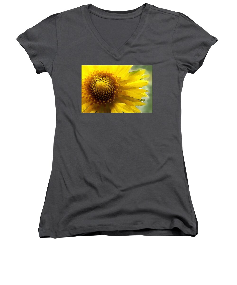 Botanical Women's V-Neck featuring the mixed media Wild Sunflower Up Close by Shelli Fitzpatrick