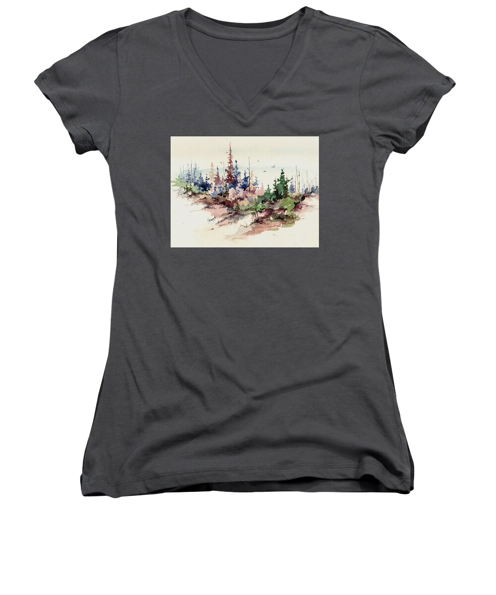 Trees Women's V-Neck featuring the painting Wilderness by Sam Sidders