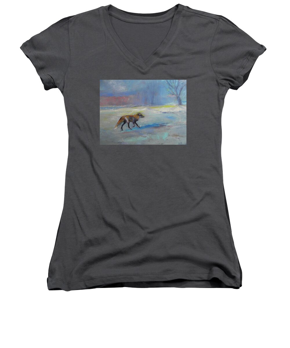 Winter Women's V-Neck featuring the painting Wiley Fox by Susan Esbensen