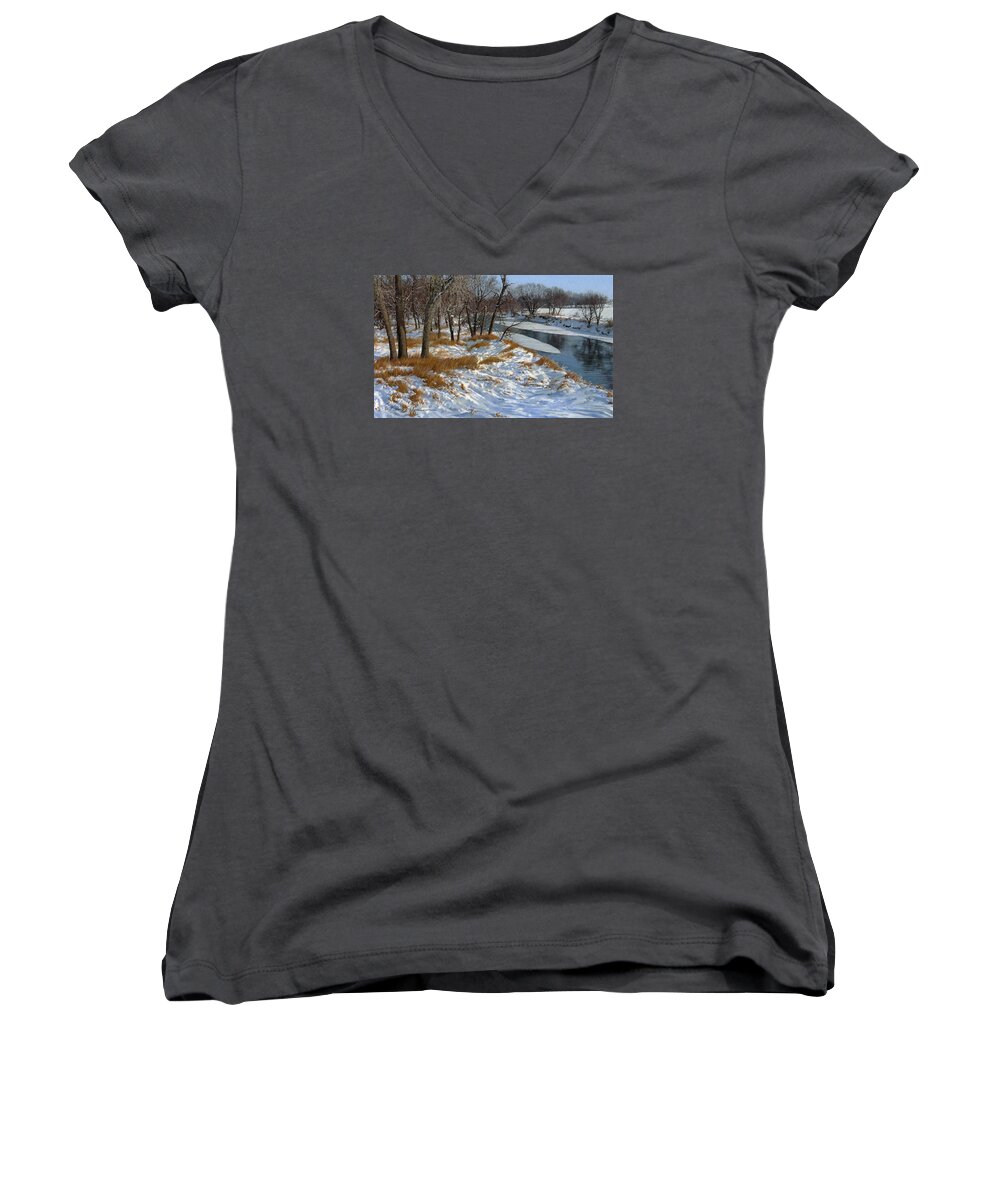 Landscape Women's V-Neck featuring the drawing Winter Along the Little Sioux by Bruce Morrison