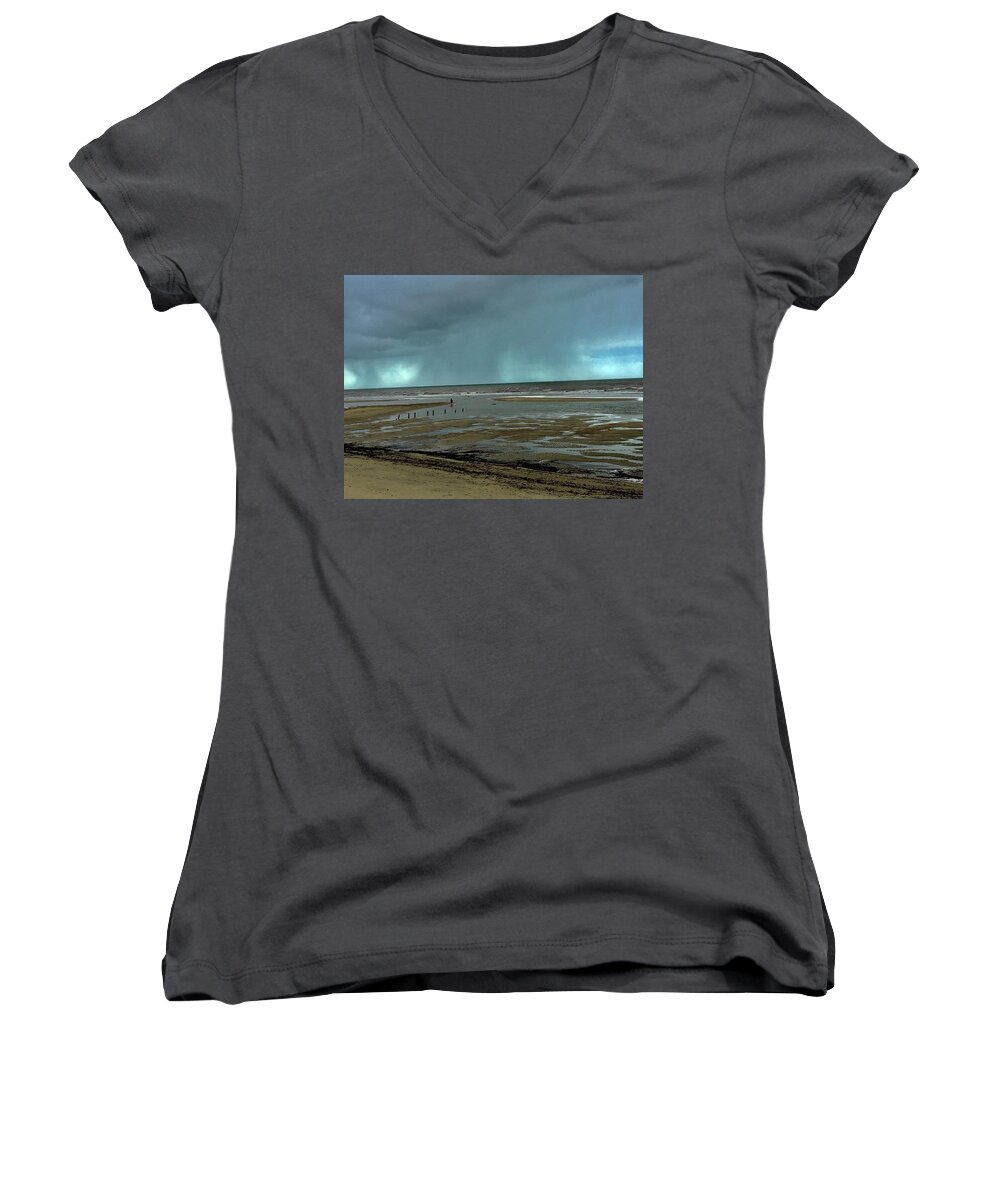 Beach Women's V-Neck featuring the photograph Winter Beach by Debbie Cundy