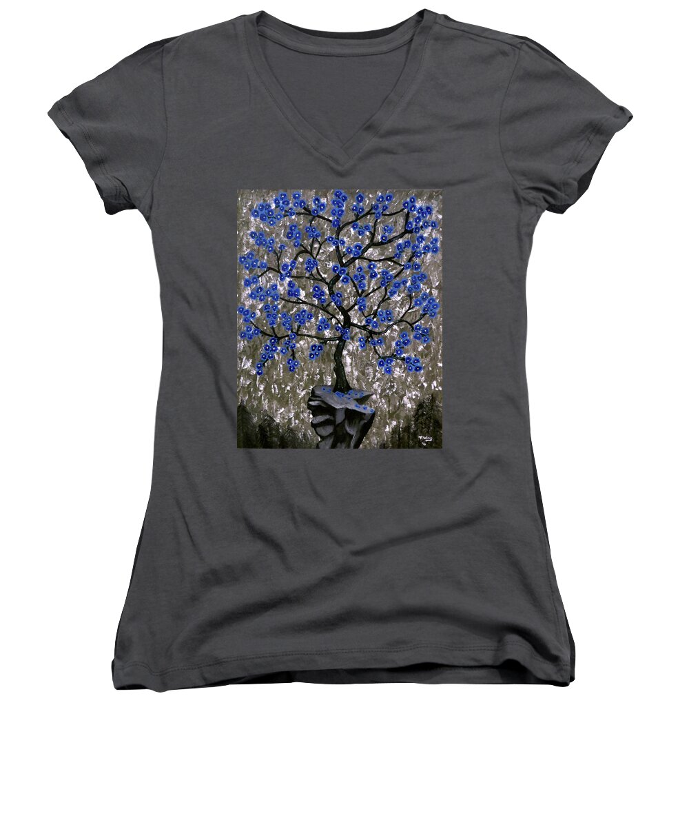 Tree Women's V-Neck featuring the painting Winter Blues by Teresa Wing