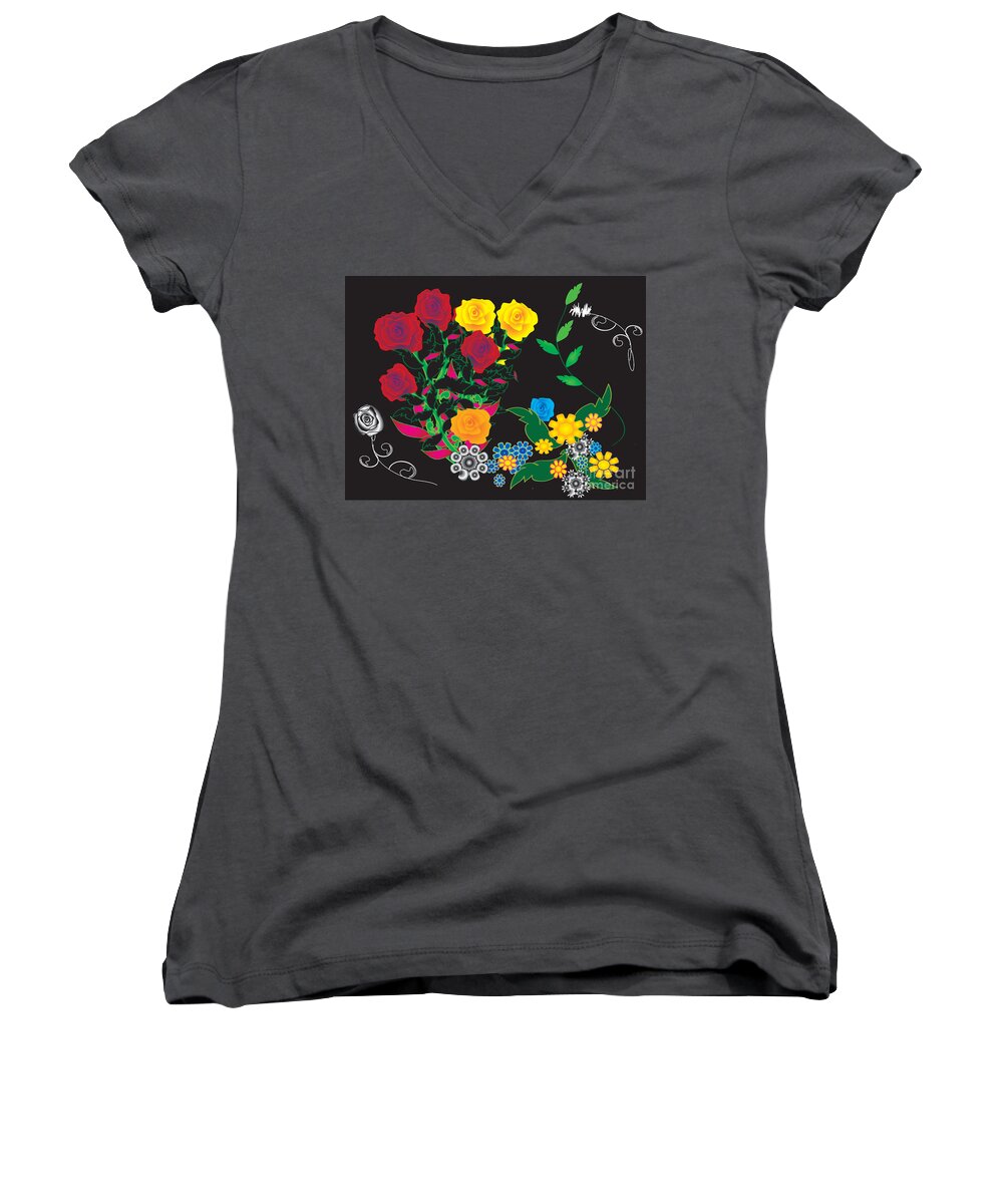 Illustrated Rose Women's V-Neck featuring the digital art Winter Bouquet by Kim Prowse