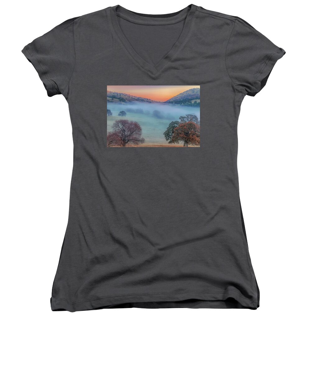 Landscape Women's V-Neck featuring the photograph Winter Fog at Sunrise by Marc Crumpler