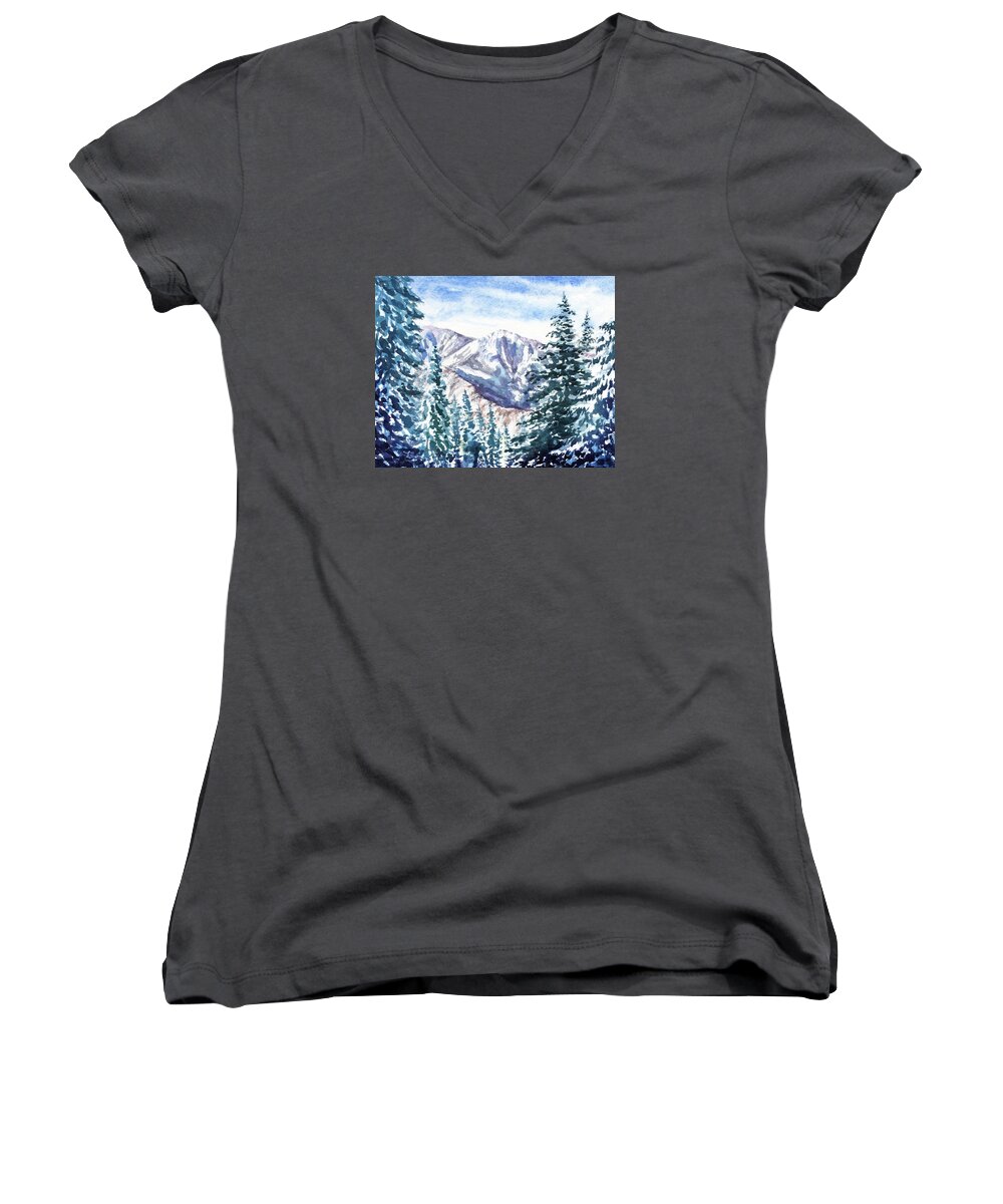 Winter In The Mountains Women's V-Neck featuring the painting Winter In The Mountains by Irina Sztukowski