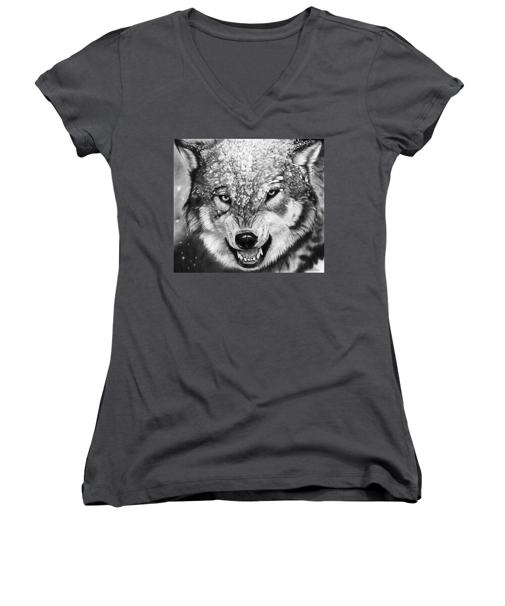 Wolf Women's V-Neck featuring the drawing Winter Is Coming by Peter Williams