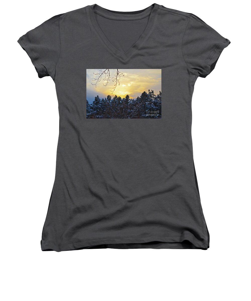 Winter Sunset Women's V-Neck featuring the photograph Winter Sunset on the Tree Farm #1 by Cindy Schneider