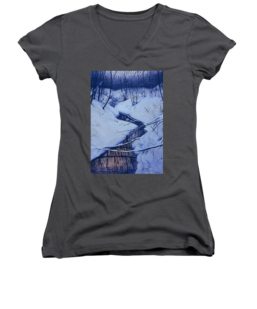  Women's V-Neck featuring the painting Winter's Stream by Barbel Smith