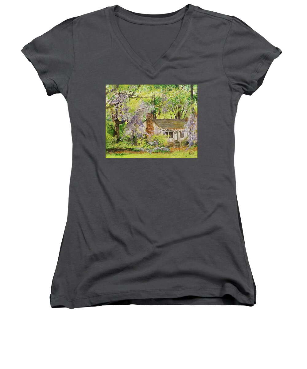 Wisteria Women's V-Neck featuring the painting Wisteria House Two by Kathy Knopp