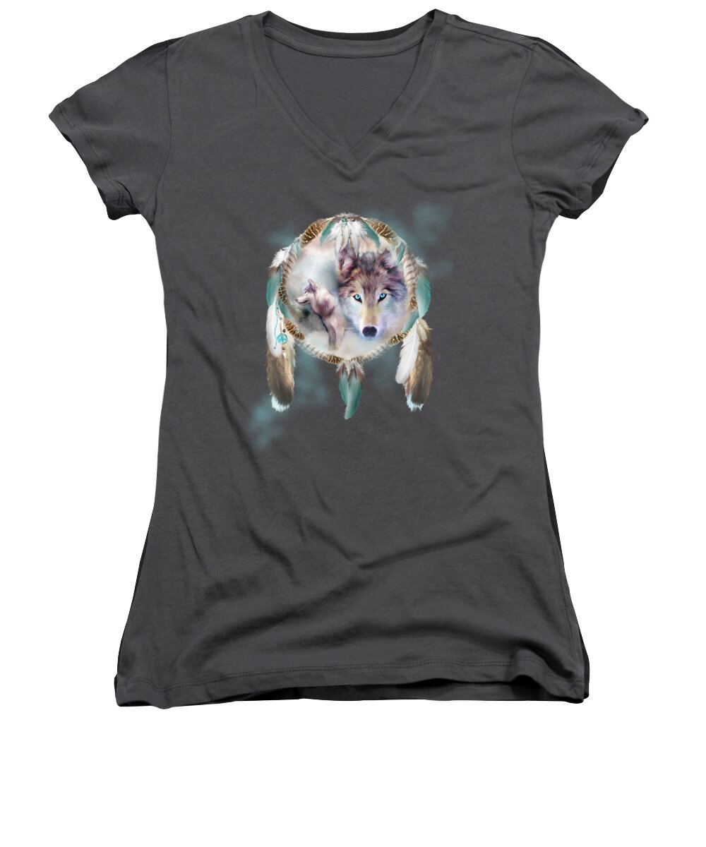 Carol Cavalaris Women's V-Neck featuring the mixed media Wolf - Dreams Of Peace by Carol Cavalaris