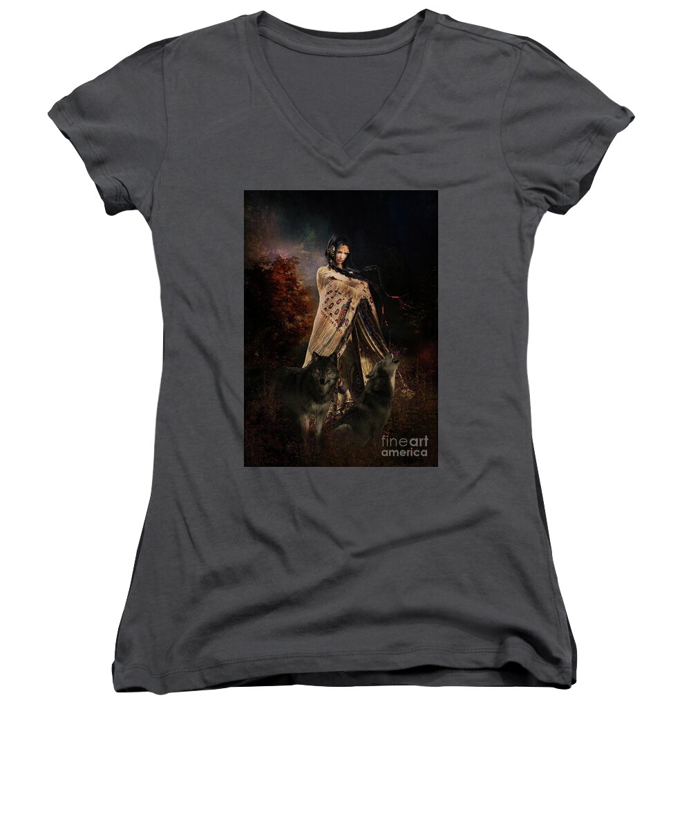 Wolf Song Women's V-Neck featuring the mixed media Wolf Song by Shanina Conway