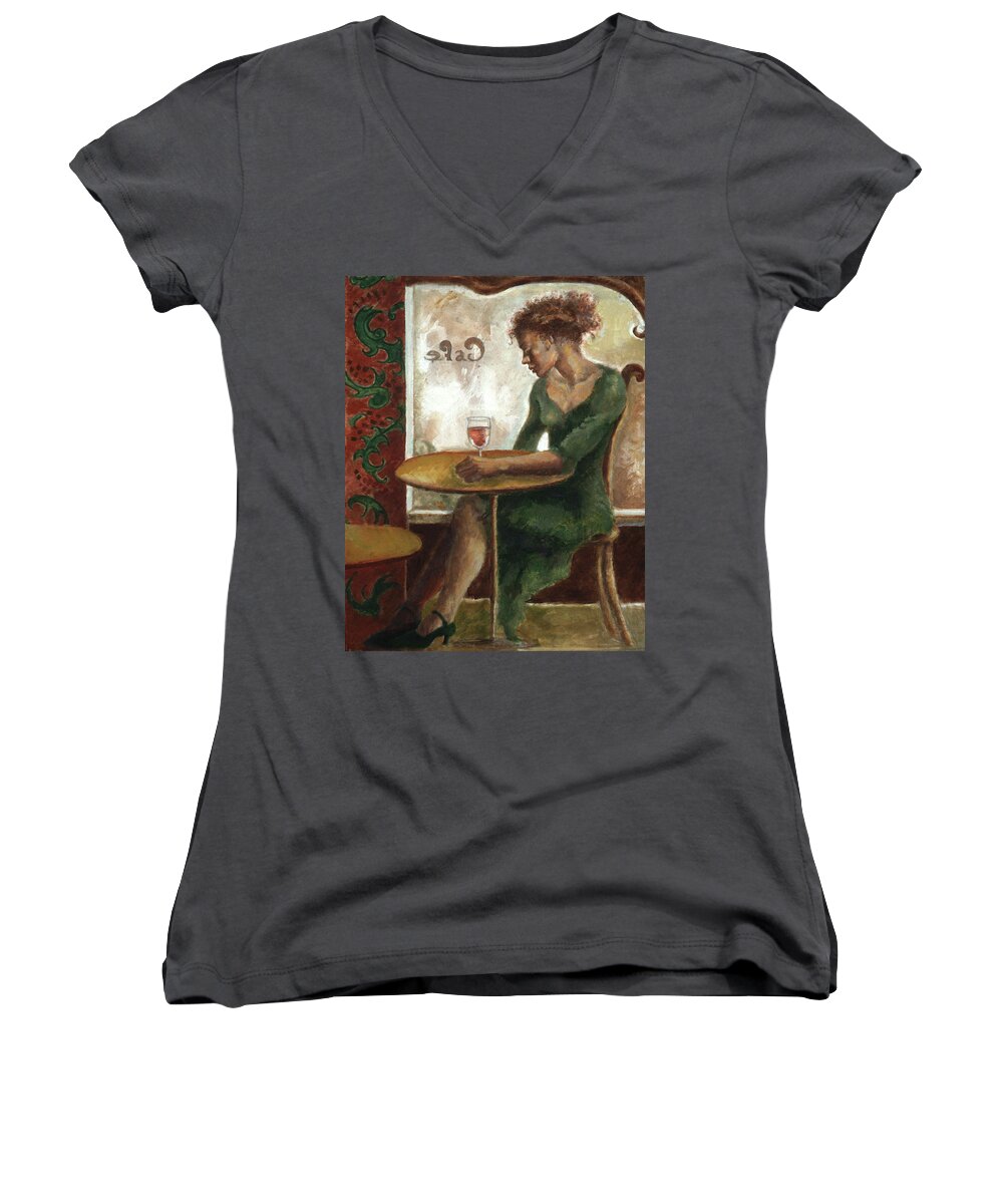 Woman Women's V-Neck featuring the painting Woman in a Paris Cafe by Ellen Dreibelbis