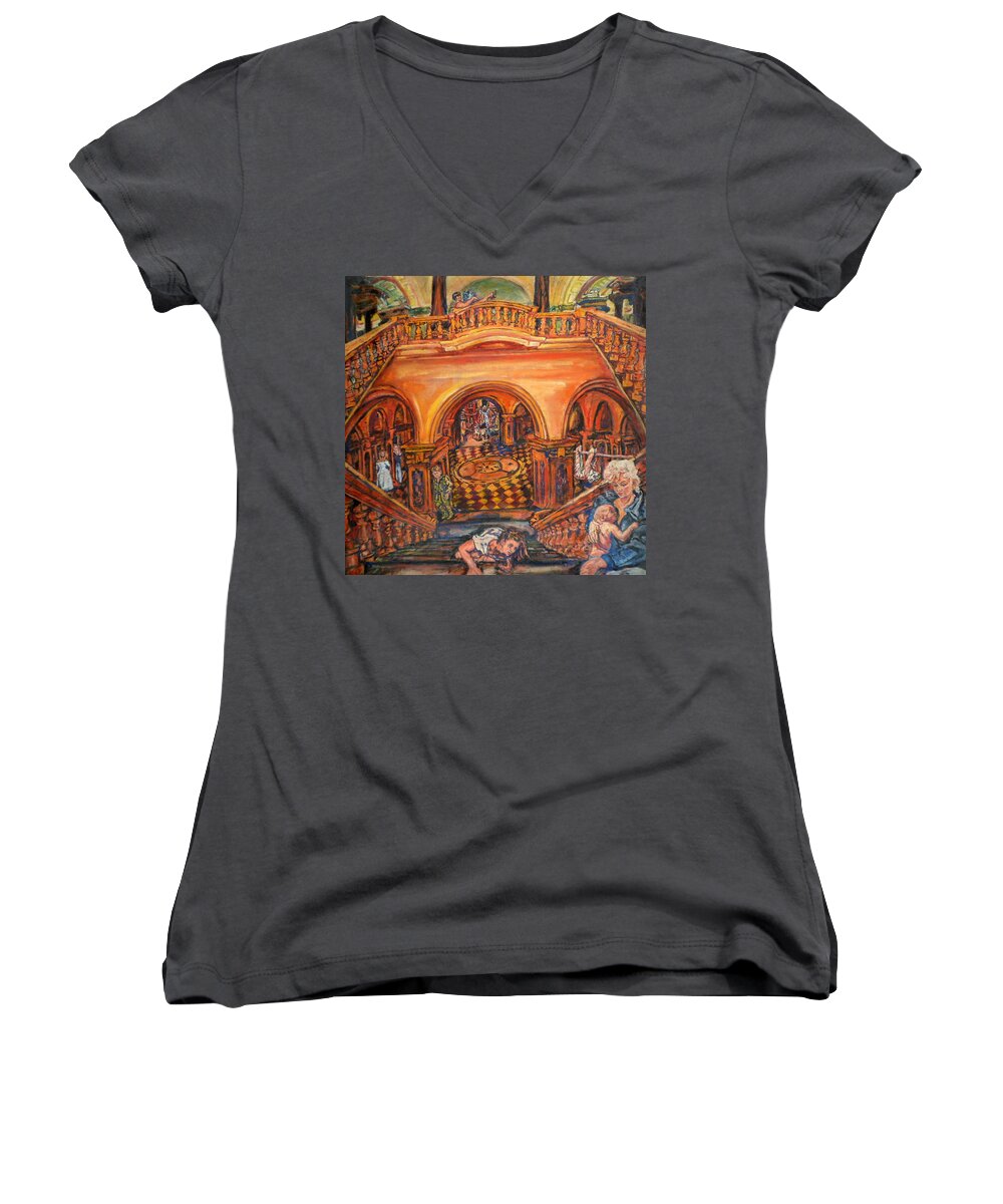 Staircase Women's V-Neck featuring the painting Woman's Place In Society by Rosanne Gartner
