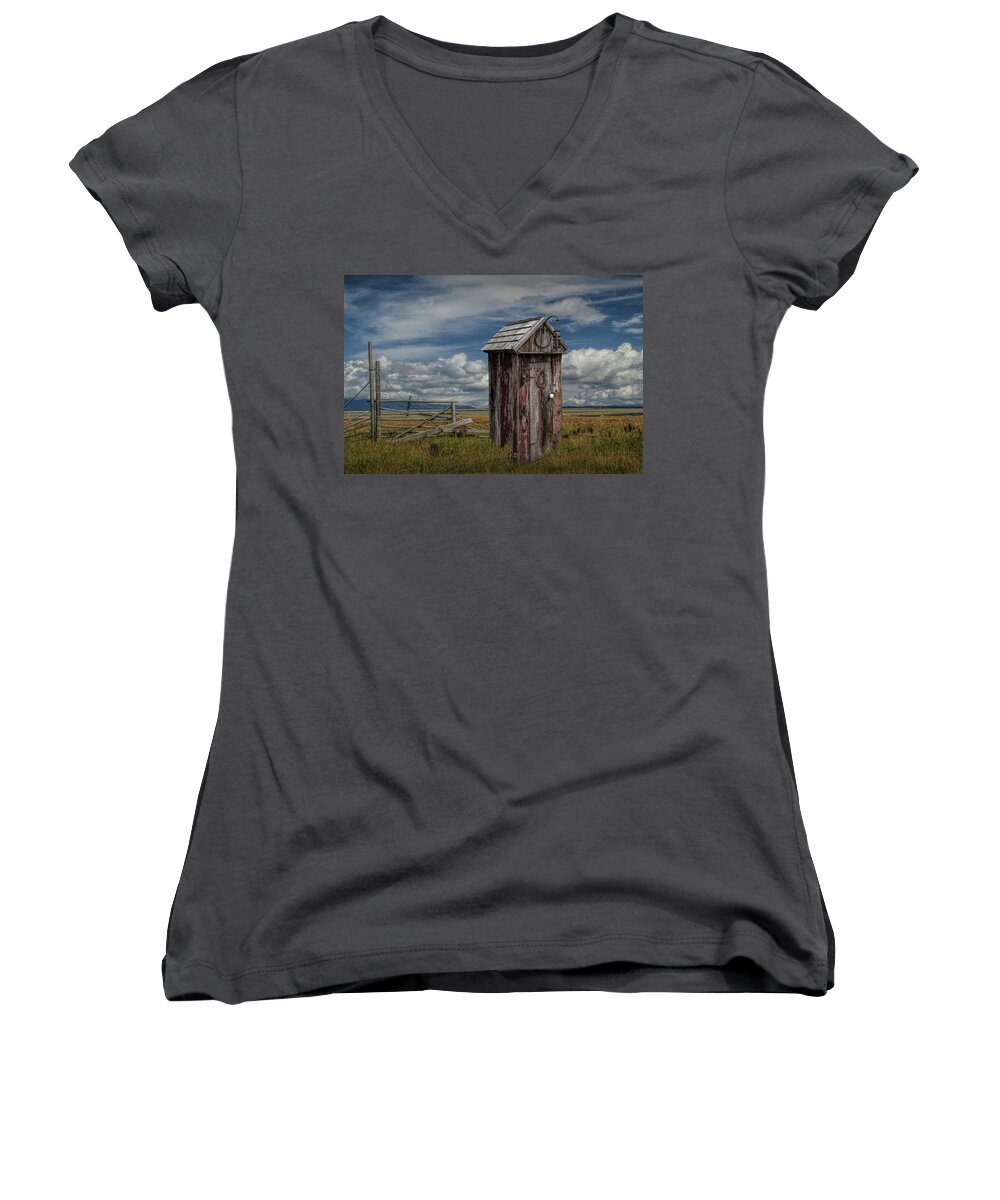 Wood Women's V-Neck featuring the photograph Wood Outhouse out West by Randall Nyhof