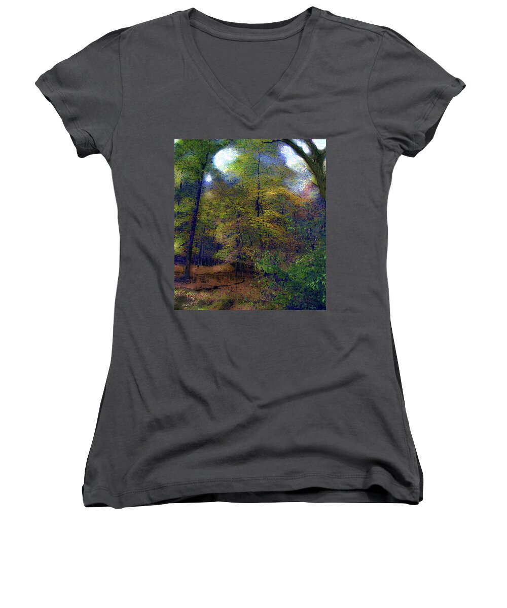 Cedric Hampton Women's V-Neck featuring the photograph Woodland In Autumn by Cedric Hampton