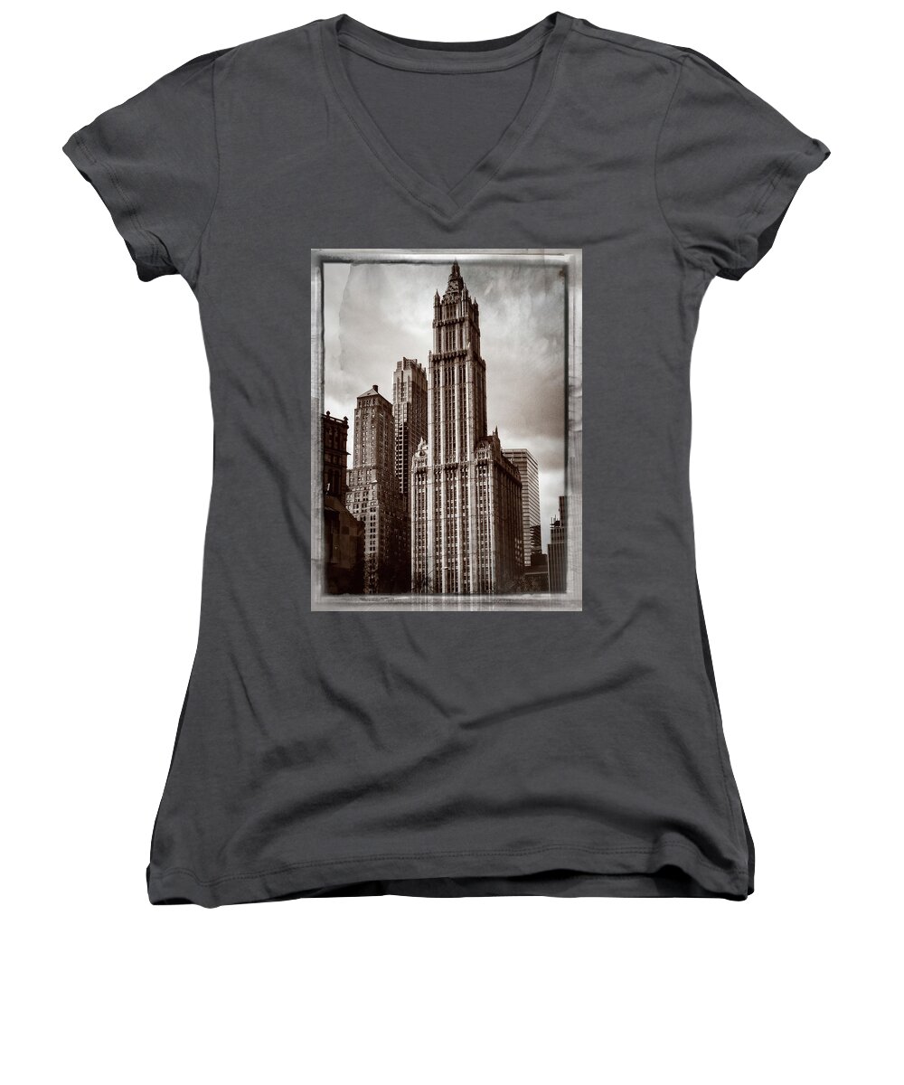 Cathedral Of Commerce Women's V-Neck featuring the photograph Woolworh Building 2008. by Frank Winters