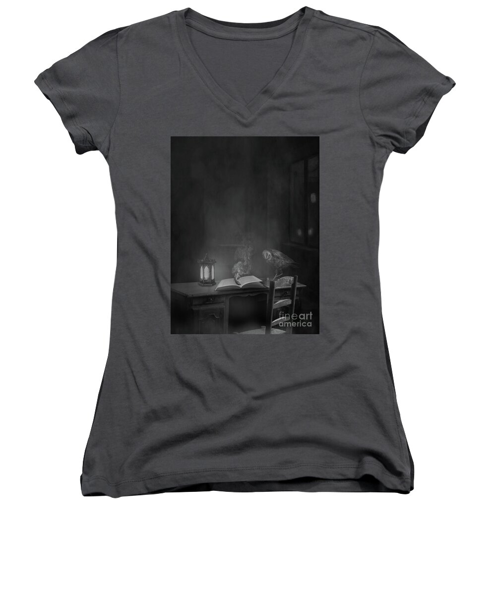 Crow Women's V-Neck featuring the digital art Working Overtime BW by Jim Hatch