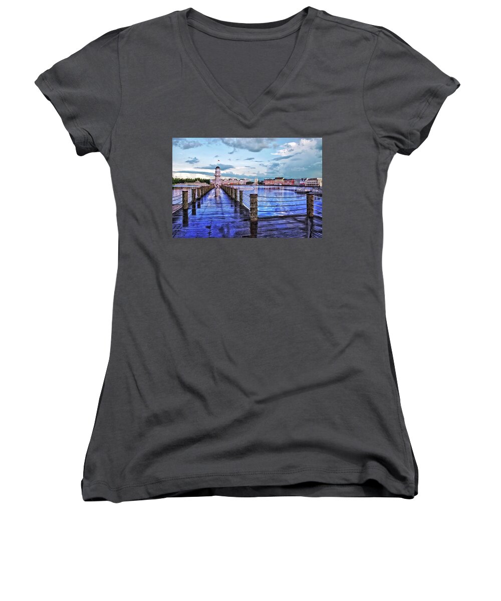 Lighthouse Women's V-Neck featuring the photograph Yacht and Beach Club Lighthouse MP by Thomas Woolworth