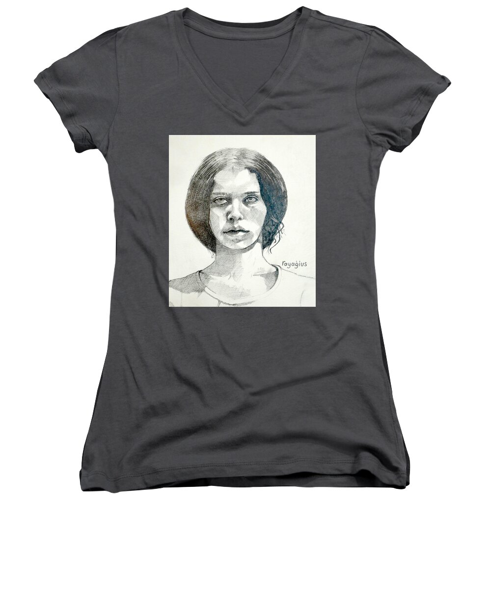 Female Women's V-Neck featuring the drawing Yelena by Ray Agius