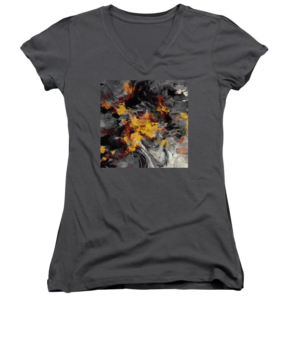 Abstract Women's V-Neck featuring the painting Yellow / Golden Abstract / Surrealist Landscape Painting by Inspirowl Design