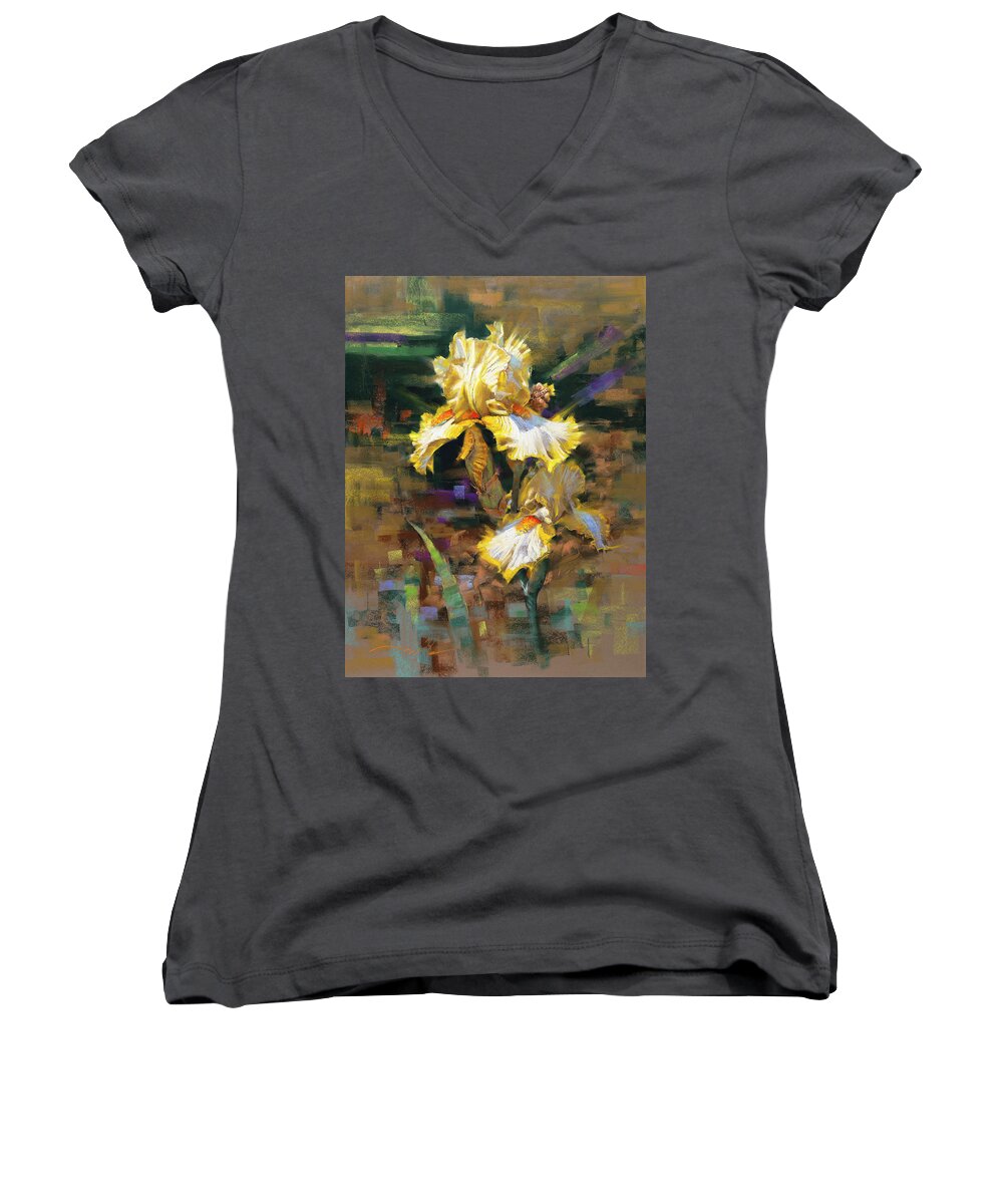 Mark Mille Women's V-Neck featuring the pastel Yellow Iris II by Mark Mille