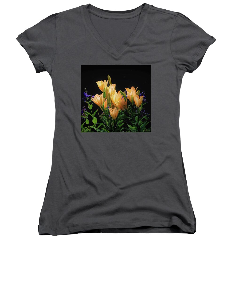 Yellow Women's V-Neck featuring the photograph Yellow Lilies by John Rivera