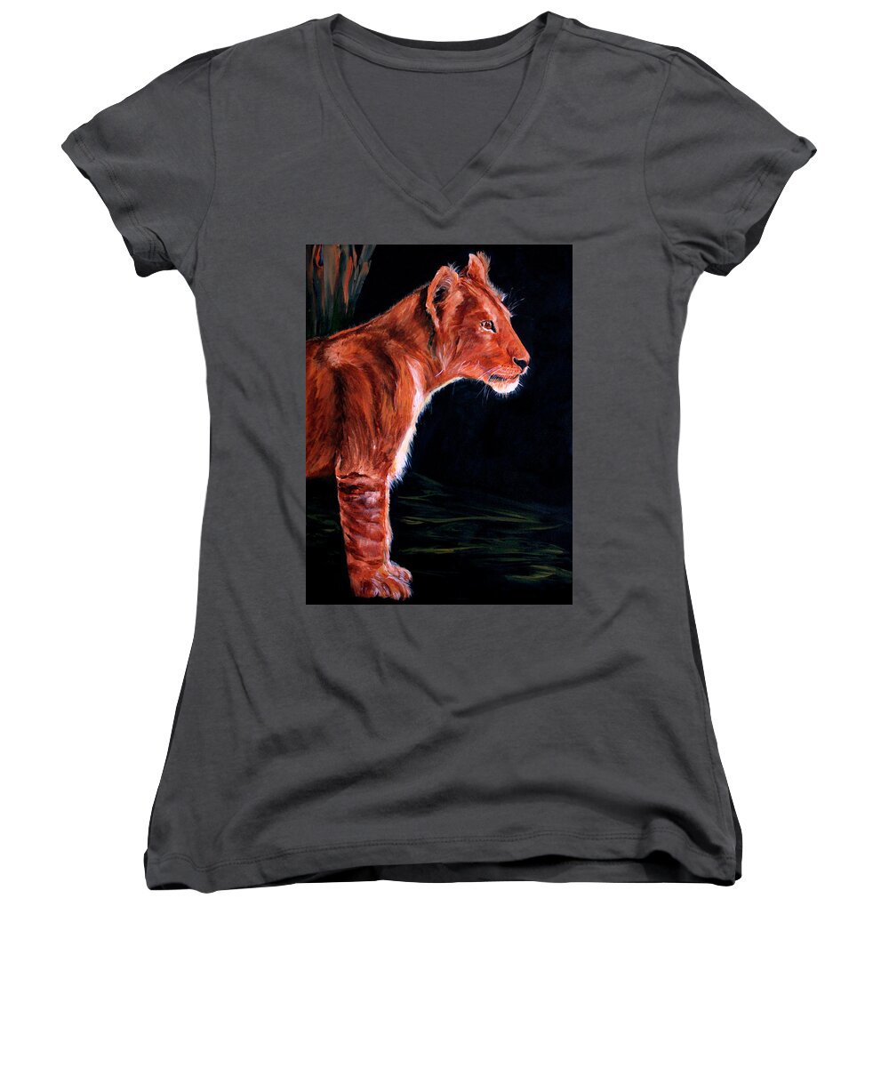Lion Women's V-Neck featuring the painting Young Lion by Ellen Canfield