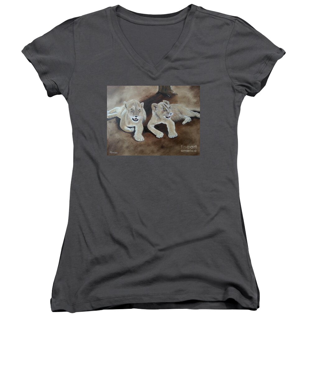 Lions Women's V-Neck featuring the painting Young Lions by Bev Conover