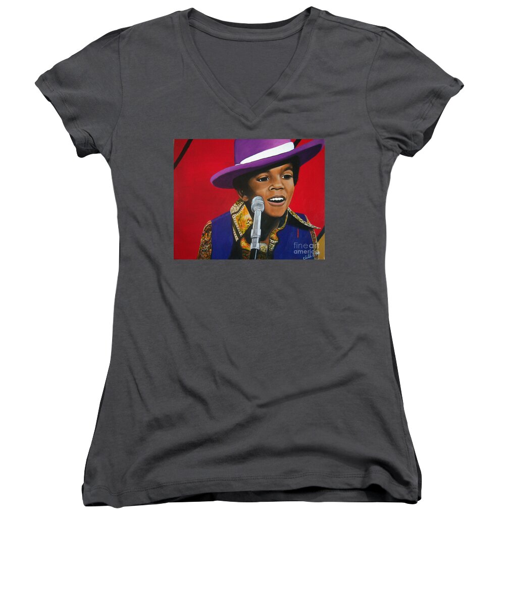 Prodigy Women's V-Neck featuring the painting Young Michael Jackson Singing by Michelle Brantley
