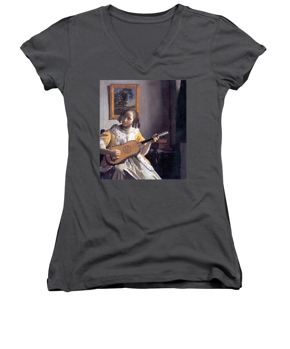 Johannes Vermeer Women's V-Neck featuring the painting Young Woman Playing A Guitar by Johannes Vermeer