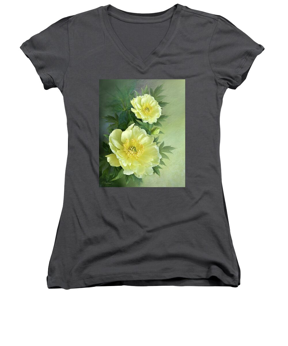 Peony Women's V-Neck featuring the digital art Yumi Itoh Peony by Thanh Thuy Nguyen