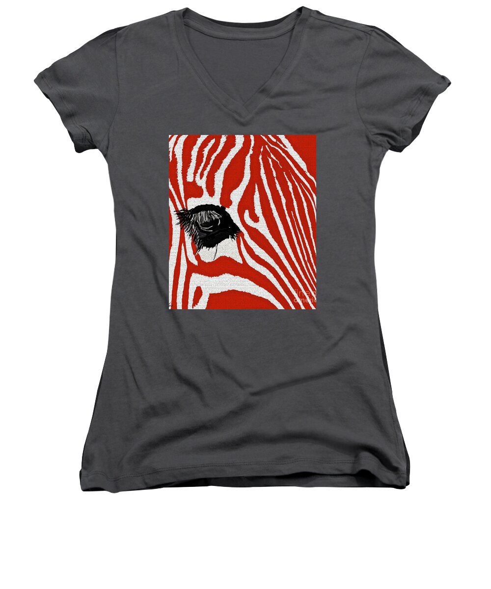 Zebra Women's V-Neck featuring the painting Zebra Red by Saundra Myles