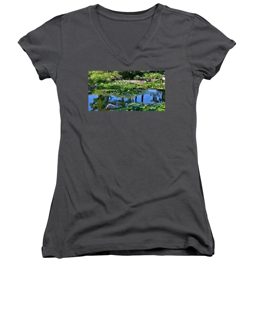 Linda Brody Women's V-Neck featuring the photograph Zen-Like 10 Pond Flowers and Reflections by Linda Brody
