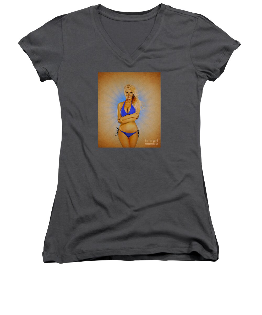 Pin-up Women's V-Neck featuring the digital art Pin-up in Blue by Brian Gibbs
