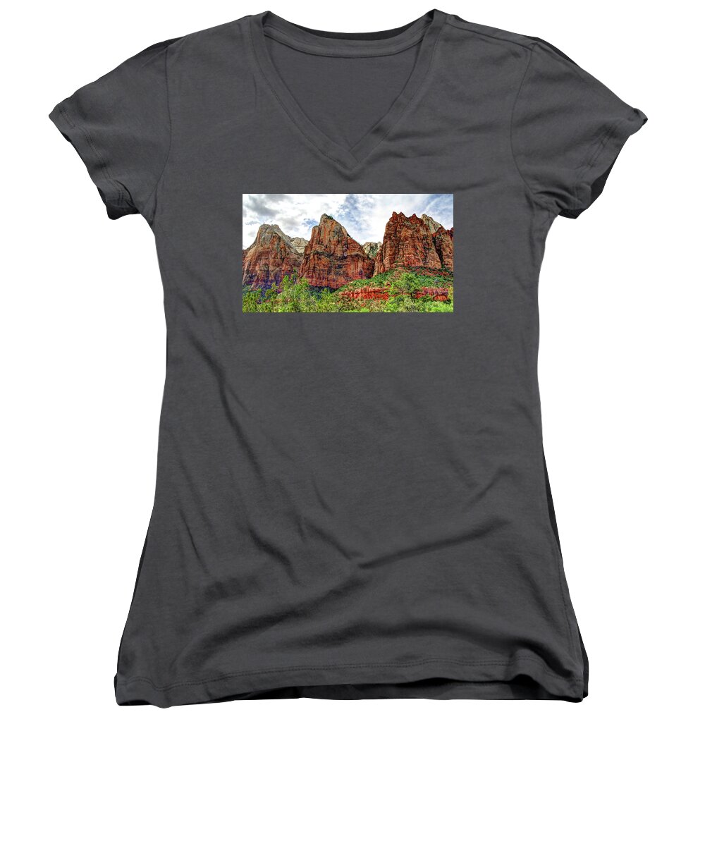 Zion Women's V-Neck featuring the photograph Zion N P # 41 - Court of the Patriarchs by Allen Beatty