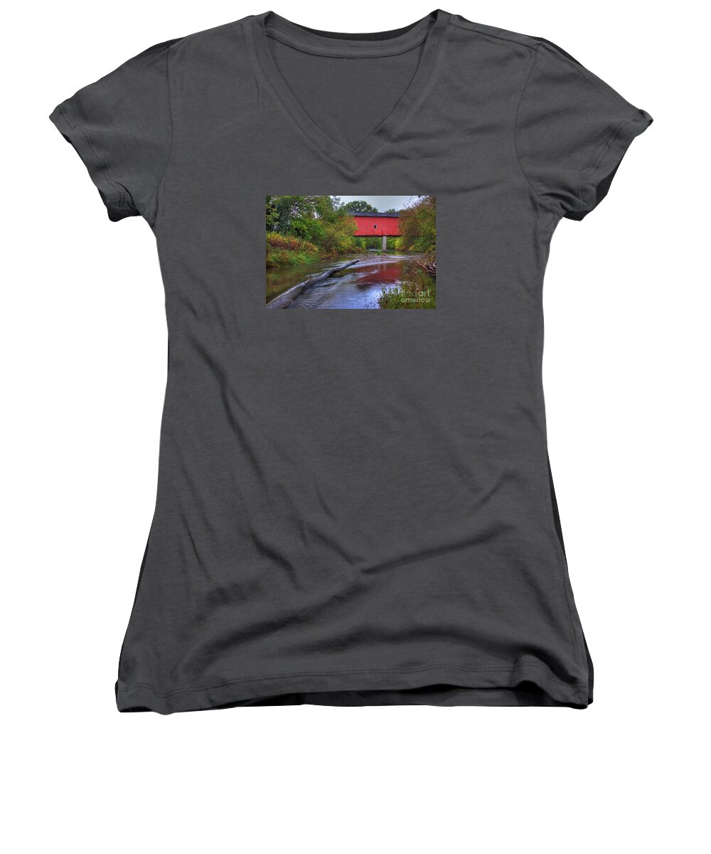 Zumbrota Women's V-Neck featuring the photograph Zumbrota Minnesota Historic Covered Bridge 5 by Wayne Moran