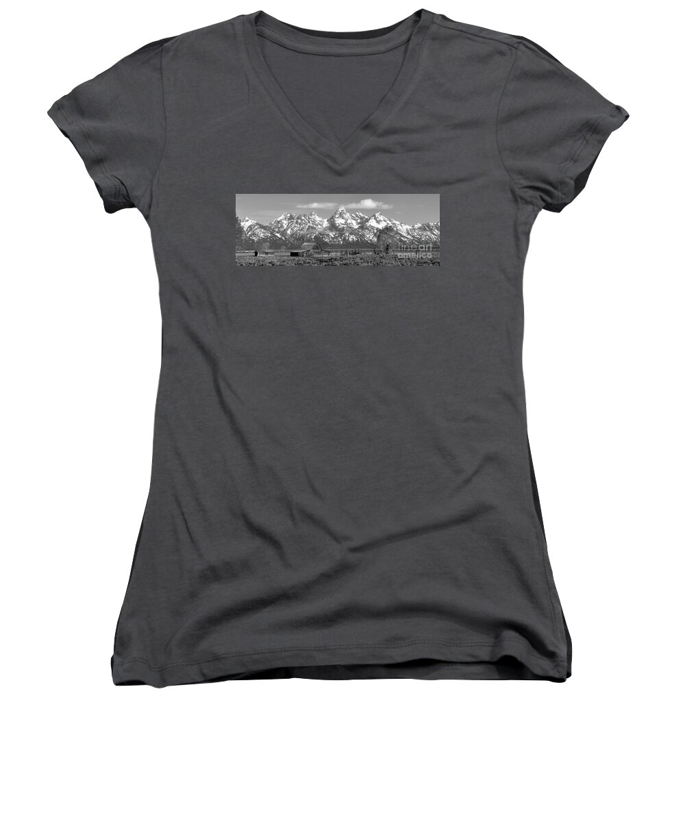 Black And White Women's V-Neck featuring the photograph Mormon Row Moulton Barn Black And White Panorama by Adam Jewell