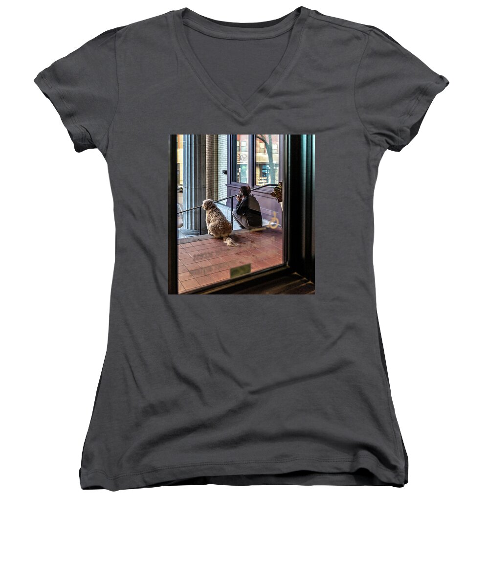 Girl Women's V-Neck featuring the photograph 018 - Girl And Dog by David Ralph Johnson