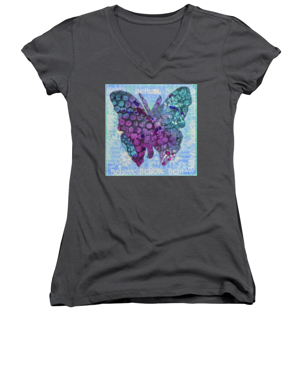 Butterfly Women's V-Neck featuring the mixed media Believe Butterfly #2 by Lisa Crisman
